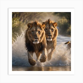 Lions Running In Water Art Print