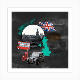 London UK United Kingdom Great Britain Big Ben Symbols Red Double Decker Cab union jack flag tea Art Print