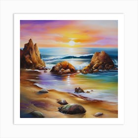 Artwork, oil colors, sea and sunset, seashore, beach rocks.San Francisco, USA.6 Art Print