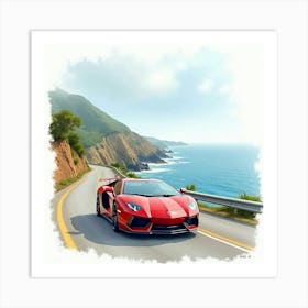 Sports Car On A Scenic Coastal Road, Watercolor Painting 1 Art Print