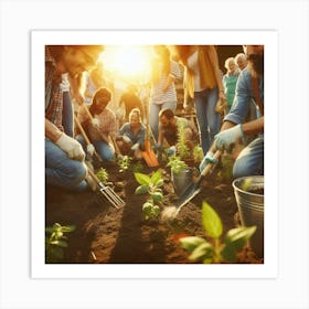 Group Of People Planting A Garden Art Print