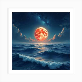 Titan Rising From Ocean Depths, Watercolor Night Sky 1 Art Print