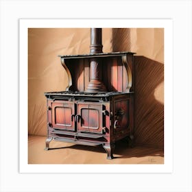 A Highly Detailed, Vibrant, Rough Color Pencil Sketch Of An Old, Rusted, Wooden Burning Stove 1 Art Print