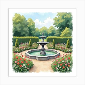 An English Garden With A Classical Stone Fountain And Blooming Flowers, Watercolor Art Print