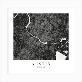 Austin Texas Minimal Black Mono Street Map  Square Art Print