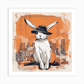 A Silhouette Of A Bunny Wearing A Black Hat And Laying On Her Back On A Orange Screen, In The Style Art Print