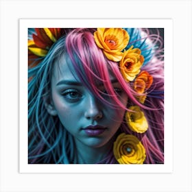 Colorful Girl With Flowers Art Print