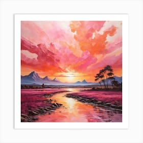 Acrilyc painting of a beautiful pink/orange sunset, painting Art Print