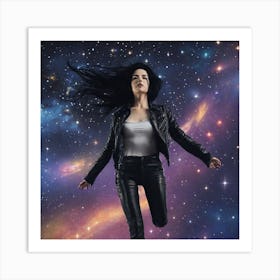 The Image Depicts A Woman Suspended In Midair Against A Backdrop Of Stars And Galaxies 3 Art Print