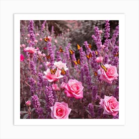 Pink Roses And Butterflies Art Print