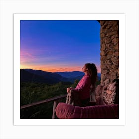 Woman Savoring The Majesty Of A Sunset From Her Isolated Mountain Porch Sun Blending Into The Horiz (3) Art Print