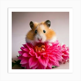 Firefly Cute, Hamster, Pink Dahlia, Bright Colors, Neutral Background, Adorable, Charming, Vibrant, (8) Art Print