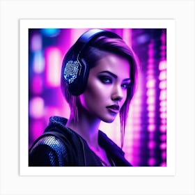 Neon Girl With Headphones 1 Art Print