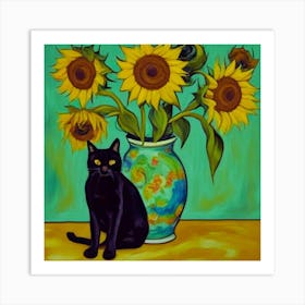 Vase With Three Sunflowers With A Black Cat, Van Gogh Inspired Art Print