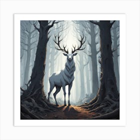 A White Stag In A Fog Forest In Minimalist Style Square Composition 49 Art Print