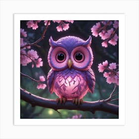 Pink Owl In Cherry Blossoms Art Print