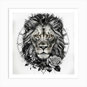 Lion And Roses Art Print