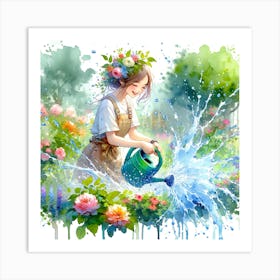 Watercolor Girl Watering Flowers Art Print