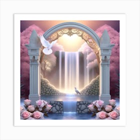 Waterfall With Roses And Doves Art Print