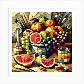 A Cubist Still Life Featuring Fruit In A Bowl Art Print