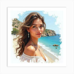 Watercolor Portrait Of A Captivating Greek Woman With A Beautiful Coastal View 1 Art Print