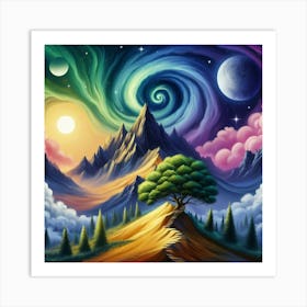 Mountain With Spiral Moon Sun Large Tree Art Print