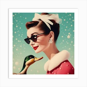 Audrey Hepburn And A Duck With Snow Art Print