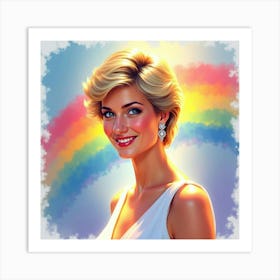 Bright Watercolor Scene Of Princess Diana With Glowing Rainbow Backdrop Art Print