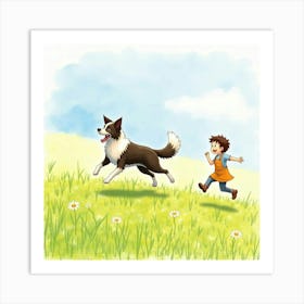 Lively Border Collie And A Child Running Through A Watercolor Meadow 1 Art Print