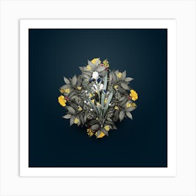 Vintage Tall Bearded Iris Flower Wreath on Teal Blue n.0878 Art Print