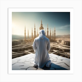 A 3d Dslr Photography Muslim Wearing Futuristic Digital Suit , Praying Towards Makkah Standing Tall Award Winning Photography From The Year 8045 Art Print