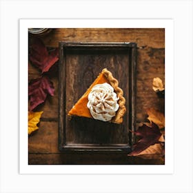 Pumpkin Pie Slice Topped With Whipped Cream From Above Positioned On An Age Worn Wooden Table Surr Art Print