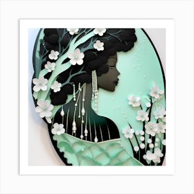 Black Woman With Flowers Japanese textured monochromatic Art Print