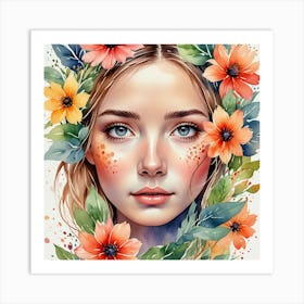 Watercolor Of A Girl With Flowers Art Print