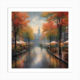 Amsterdam cafes, autumn season, rain, autumn oil colours.Faded colours,People passing on the street, winter clothes, rain umbrellas.5 Art Print