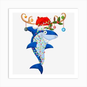 Santa Hat Shark Christmas Lights Funny Sharkmas Xmas Art Print