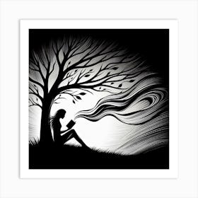 Silhouette Of A Woman Reading Art Print