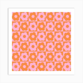 Floral Checker Orange Pink Square Art Print