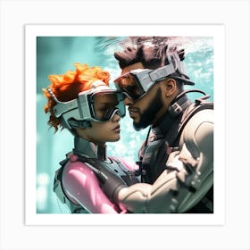 3d Dslr Photography The Weeknd, Xo Under The Sea Water Swimming Holding Each Other, Cyberpunk Art, By Krenz Cushart, Both Are Wearing A Futuristic Swimming With Helmet Suit Of Power Armor Art Print