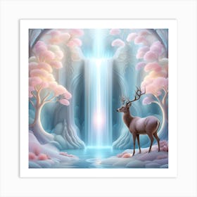 Deer In The Forest With Waterfall Art Print