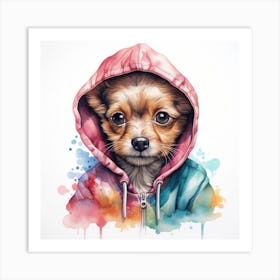 Watercolour Cartoon Dog In A Hoodie Art Print