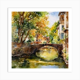 Watercolor painting of an old rock bridge cross over the river with trees in autumn Art Print