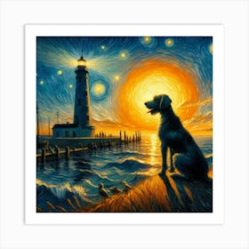 Dog At The Lighthouse Oil Painting Art Print