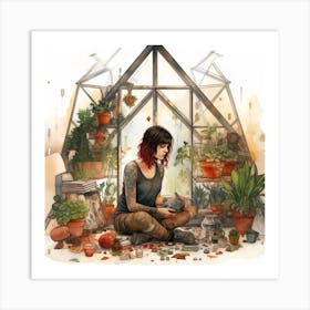 Redhead Girl In A Greenhouse With Plants Watercolour Art Print