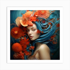 Blue Haired Girl With Flowers Art Print