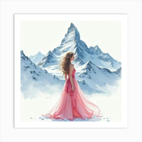 Sophisticated Lady In Watercolor Fashion, Majestic Snowy Peaks 1 Art Print