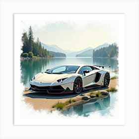 Lamborghini Centenario With A Watercolor Tranquil Lake Backdrop 1 Art Print