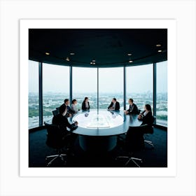 Business Team In Mid Strategizing Session Seated Around A Sleek Oval Glass Table Reflecting Ambien 2 1 Art Print