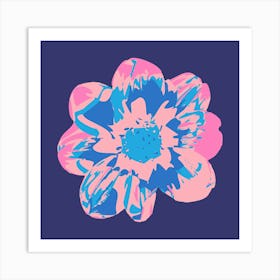 COSMIC COSMOS Single Abstract Floral Summer Bright Flower in Pale Pink Royal Blue on Dark Blue Art Print