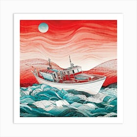 Hand Drawn Illustration Of A Boat Gently Swaying On The Undulating Sea Of Artificial Intelligence I Art Print